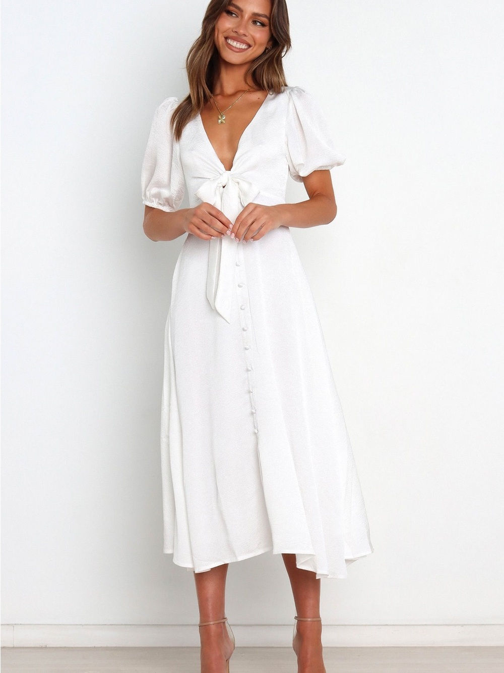 Petal & Pup White Tie-Front Midi with Puff Sleeves Piper Dress